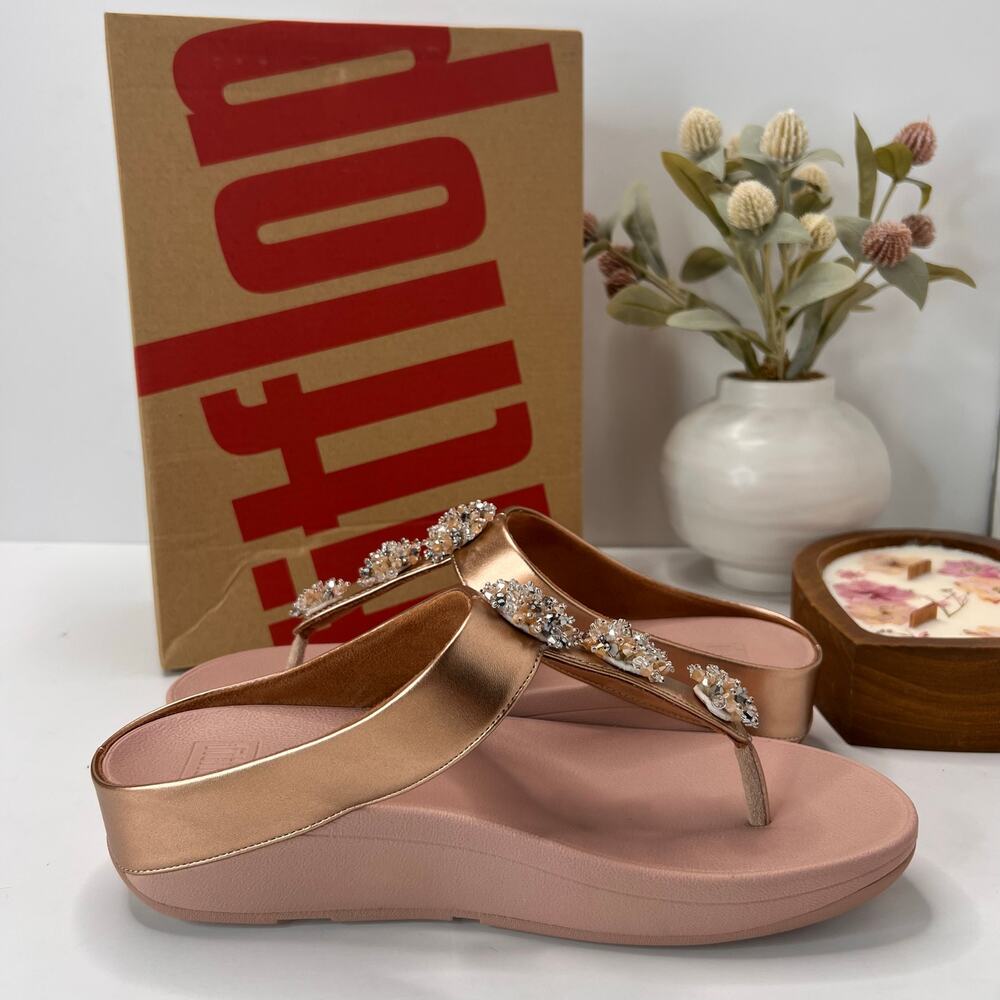 FitFlop Galaxy Crystal Embellished Toe-Thong Sandals Rose Gold Women 9/EU41 NWB - Picture 7 of 11